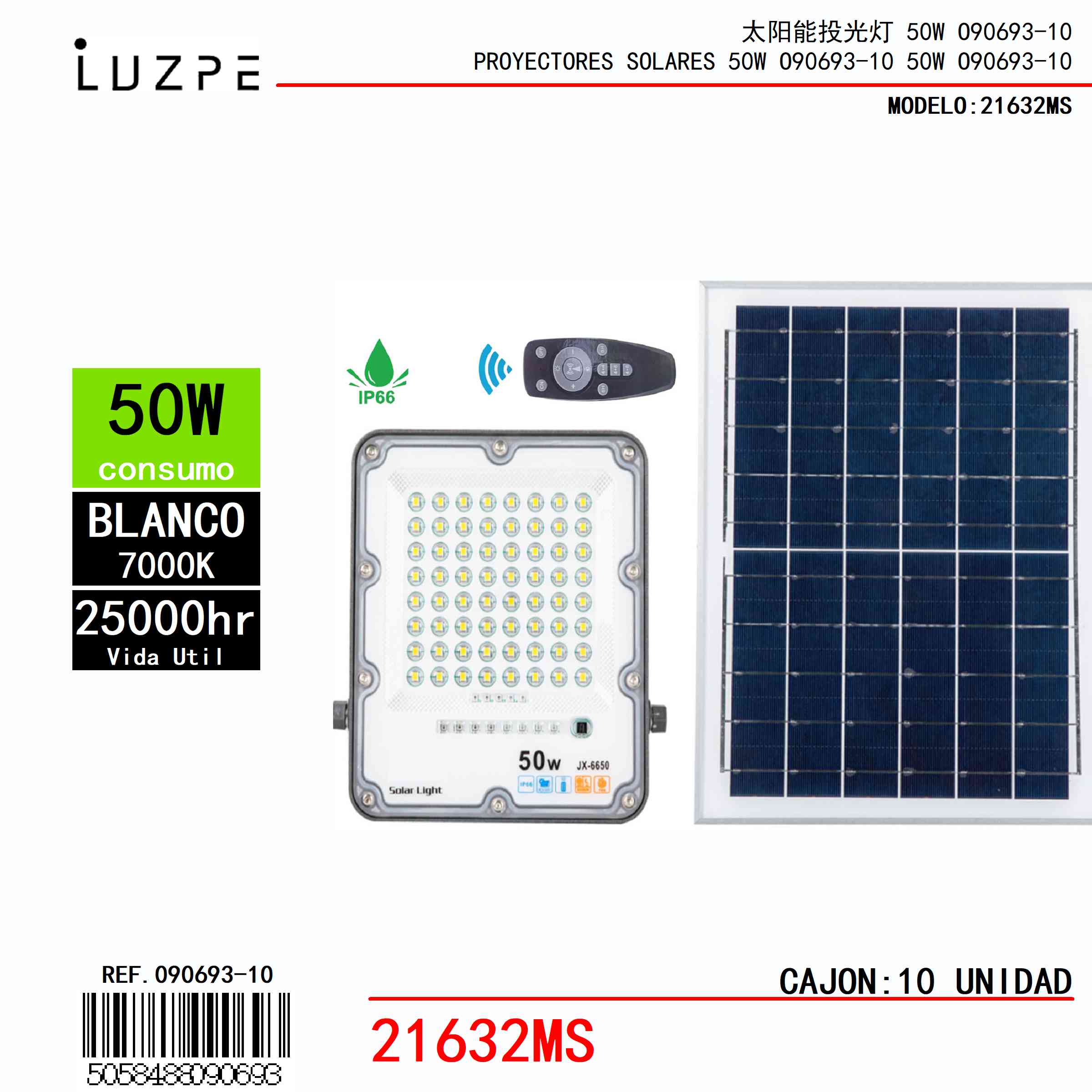 Pane Solar con Casco Metal de 50W Blanco